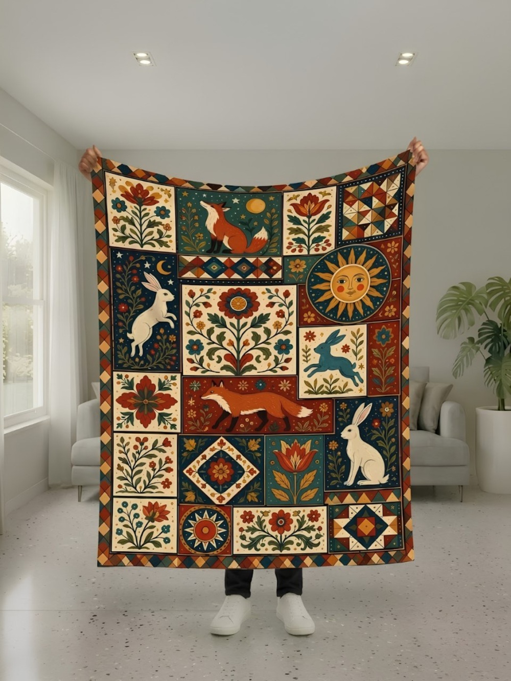 Folk Art Fox & Rabbit Blanket - Multicolor